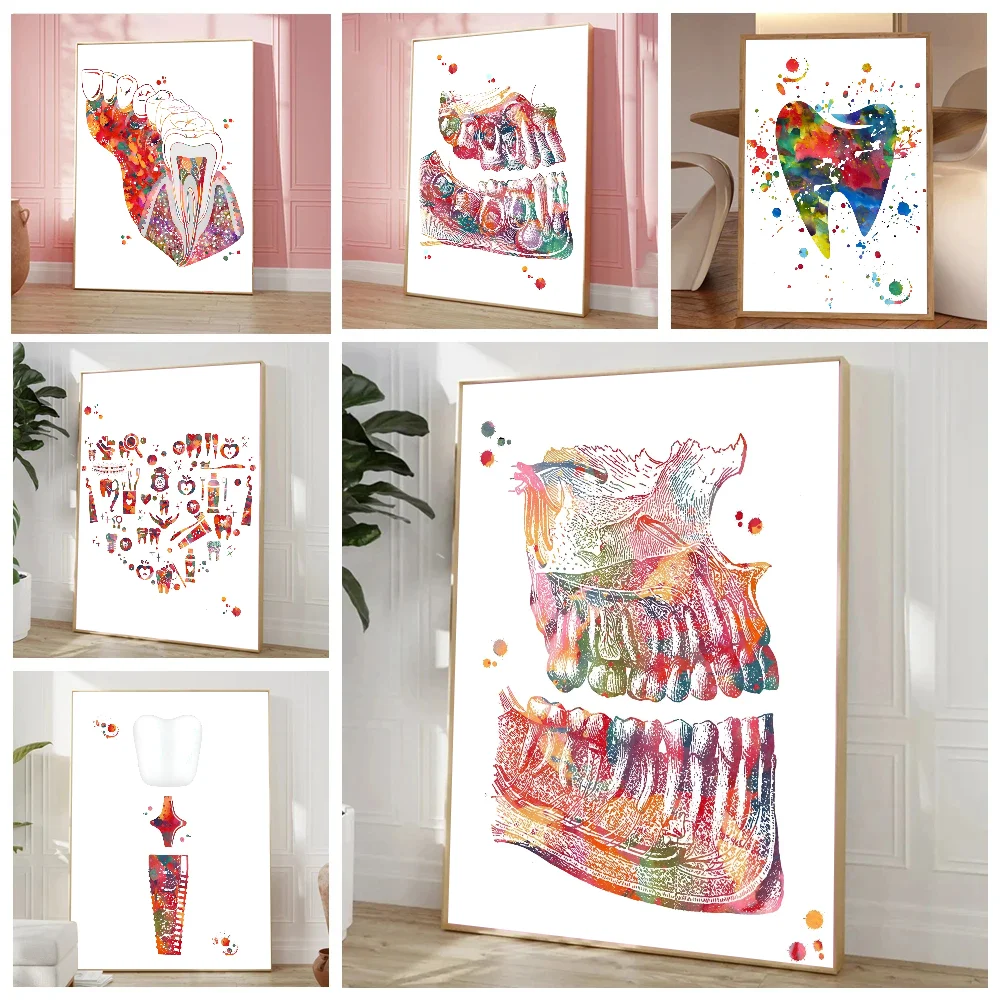 Teeth Implant Watercolor Canvas Painting Tooth Fairy Dental Art Poster Stickers Living Room Bedroom Entrance Cafe Wall Art