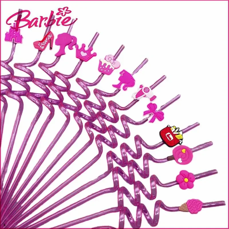 Miniso Barbie Series Straw Party Reusable Children Cartoon Plastic Creative Bending Straw Anime Decoration Christmas Supplies