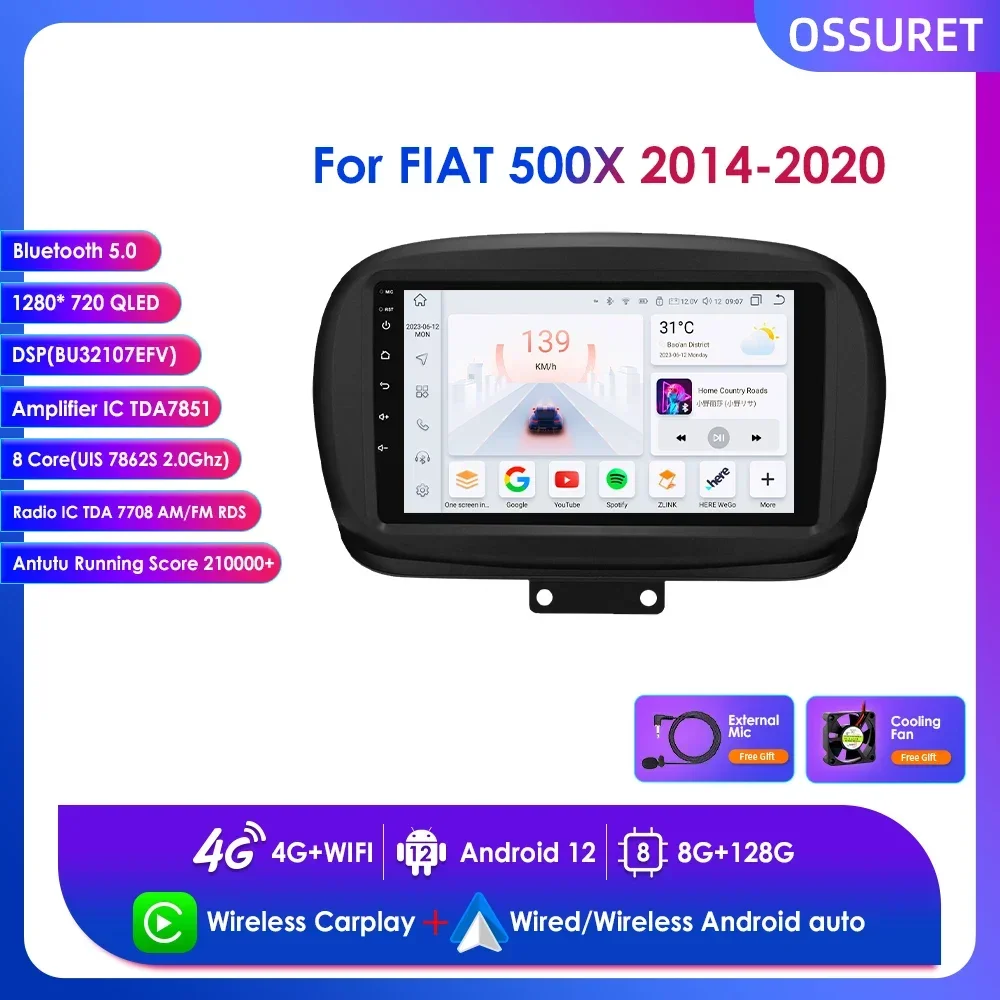 

Wireless Carplay Stereo for FIAT 500X 2014-2020 Android 12 Car Multimedia Player GPS Navigation 9" Radio 4G BT SWC RDS 2din WIFI