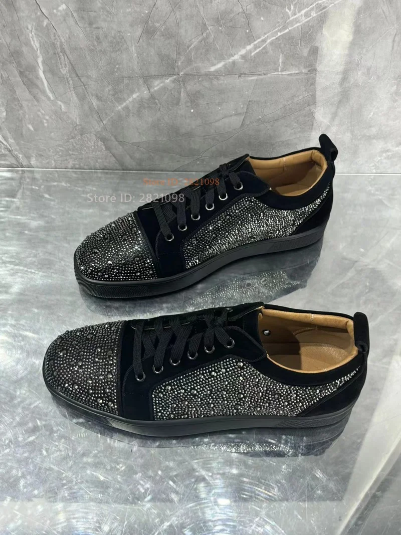 

Black Crystal Shiny Sneakers for Men Rhinestone Lace Up British Style Casual Skateboard Shoes Low Top Flats Zapatillas Mujer