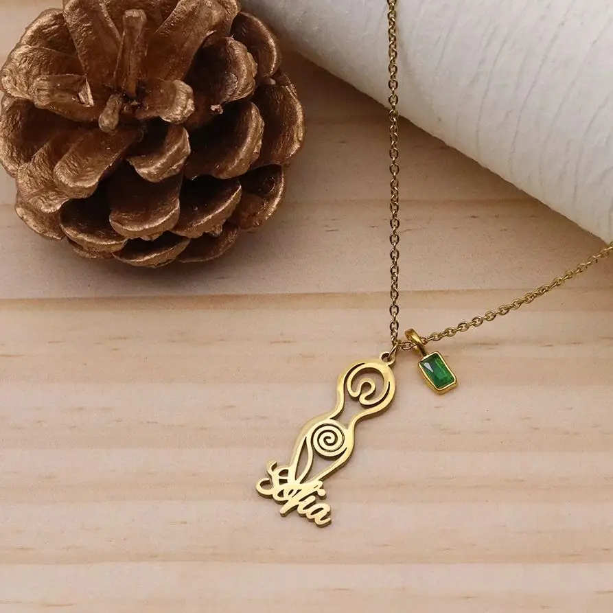 Todorova Elegant Custom Name Spiral Goddess Necklace Silver Tone with Green Zircon Feminine Fertility Jewelry Charms For Women