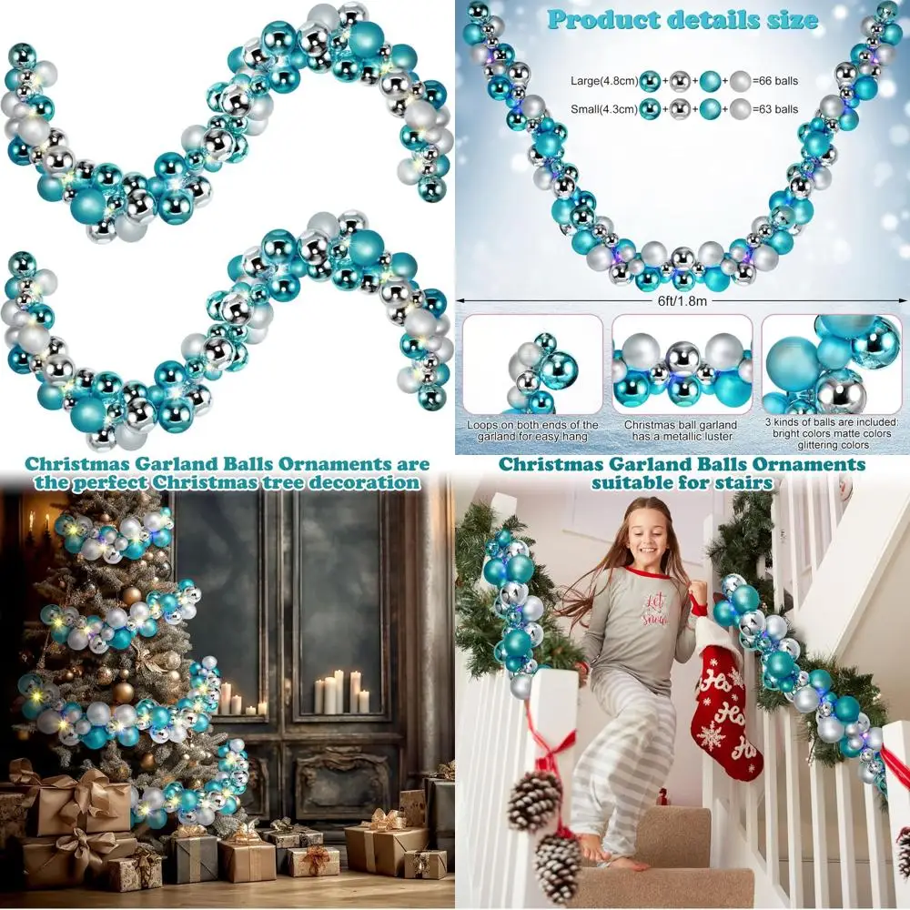 

6-Foot Christmas Garland with 20 Blue & Silver Balls and 10-Foot LED Lights for Home, Outdoor, Tree, and Wedding Decor