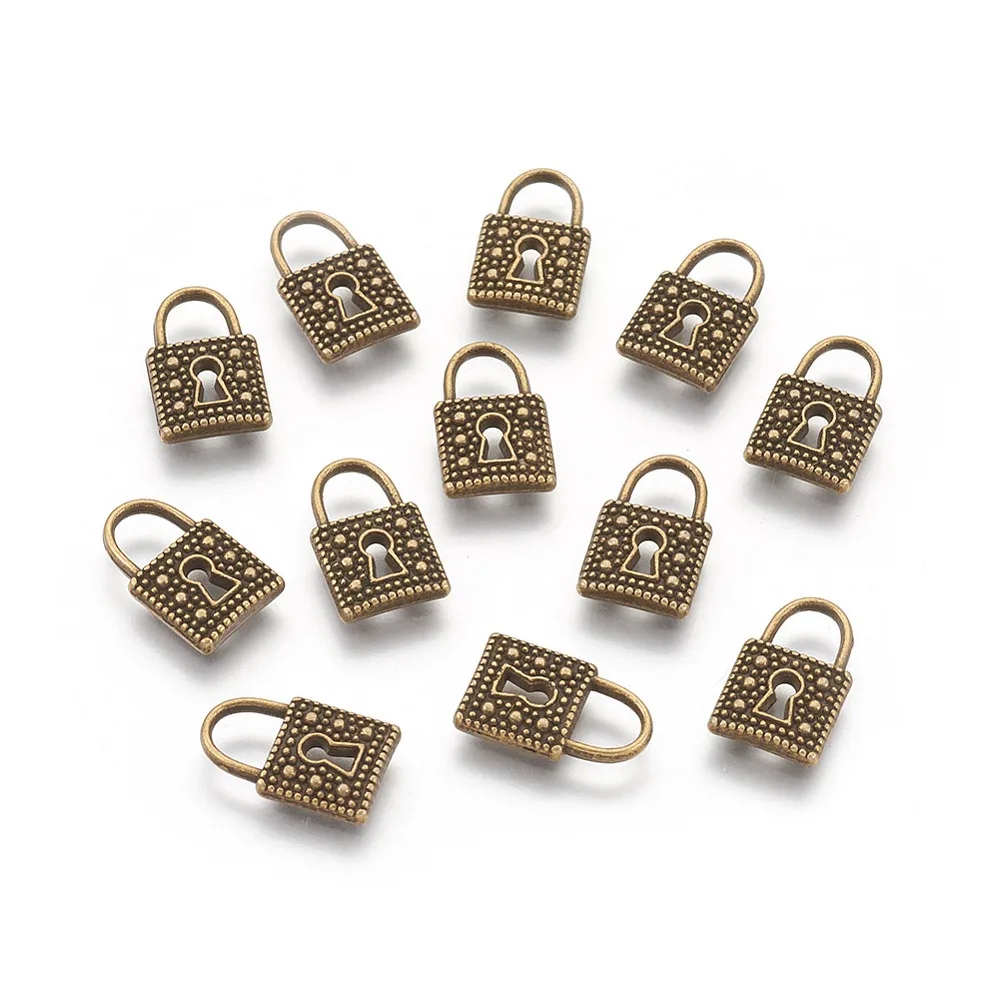 50pcs Alloy Pendants Cadmium Free Nickel Free Lead Free Padlock Antique Bronze 13x8x2mm Hole: 2mm