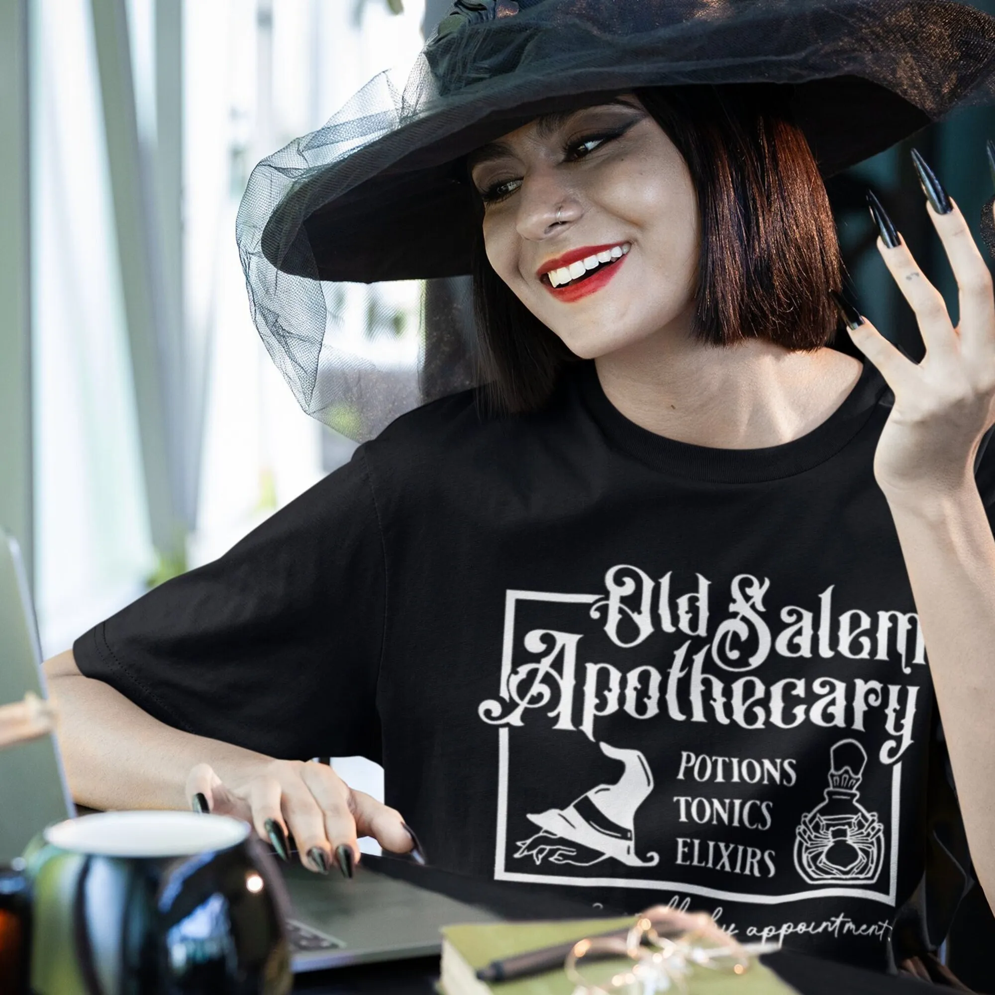 Funny T Shirt For Halloween Old Salem Apothecary Potions Tonics Elixirs Curses And Spell By Appointment Black Cotton