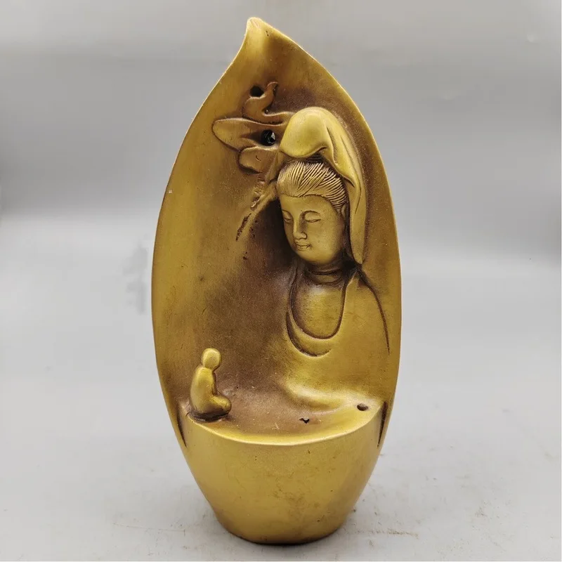 Copper with a child figure worshiping Guanyin, backflow incense burner, antique copperware collection