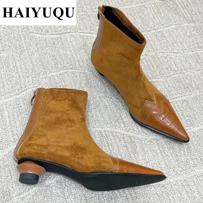 Pointed Toe Women Ankle Boots Fashion Heels Shoes Autumn Winter 2024 Trend Suede Chelsea Short Boots New Brand Snow Botas Mujer