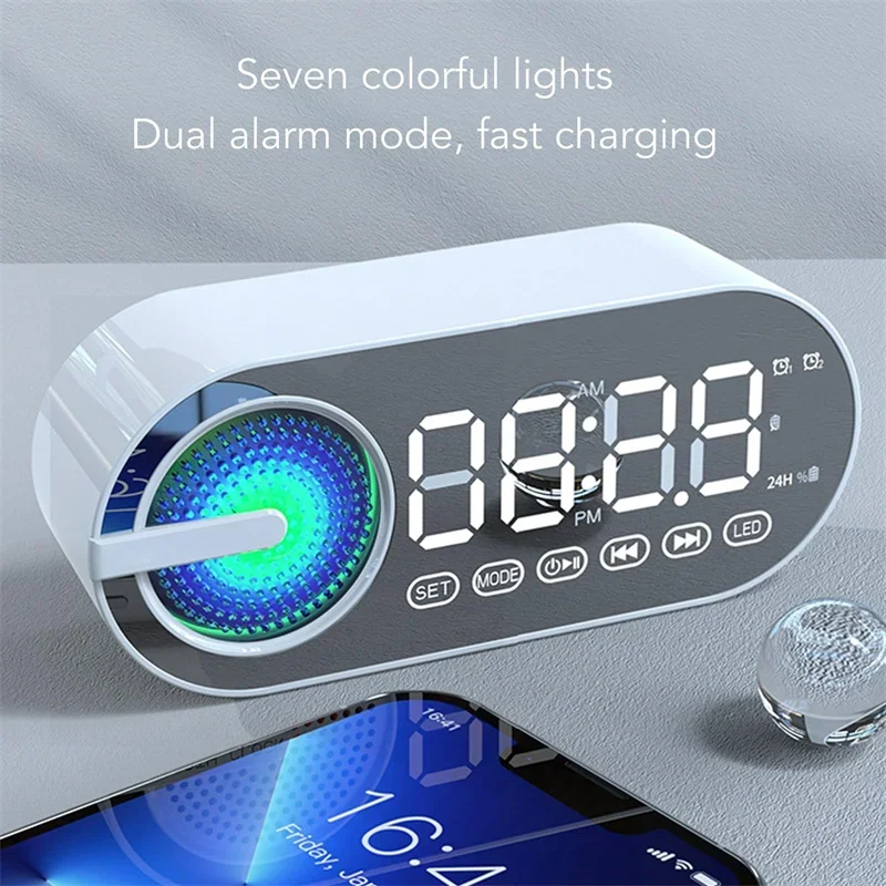 USB Plug-in Mirror Digital Alarm Clock Timer Support TF FM Radio 2 Alarms Wireless Speaker Subwoofer Desktop Music Player