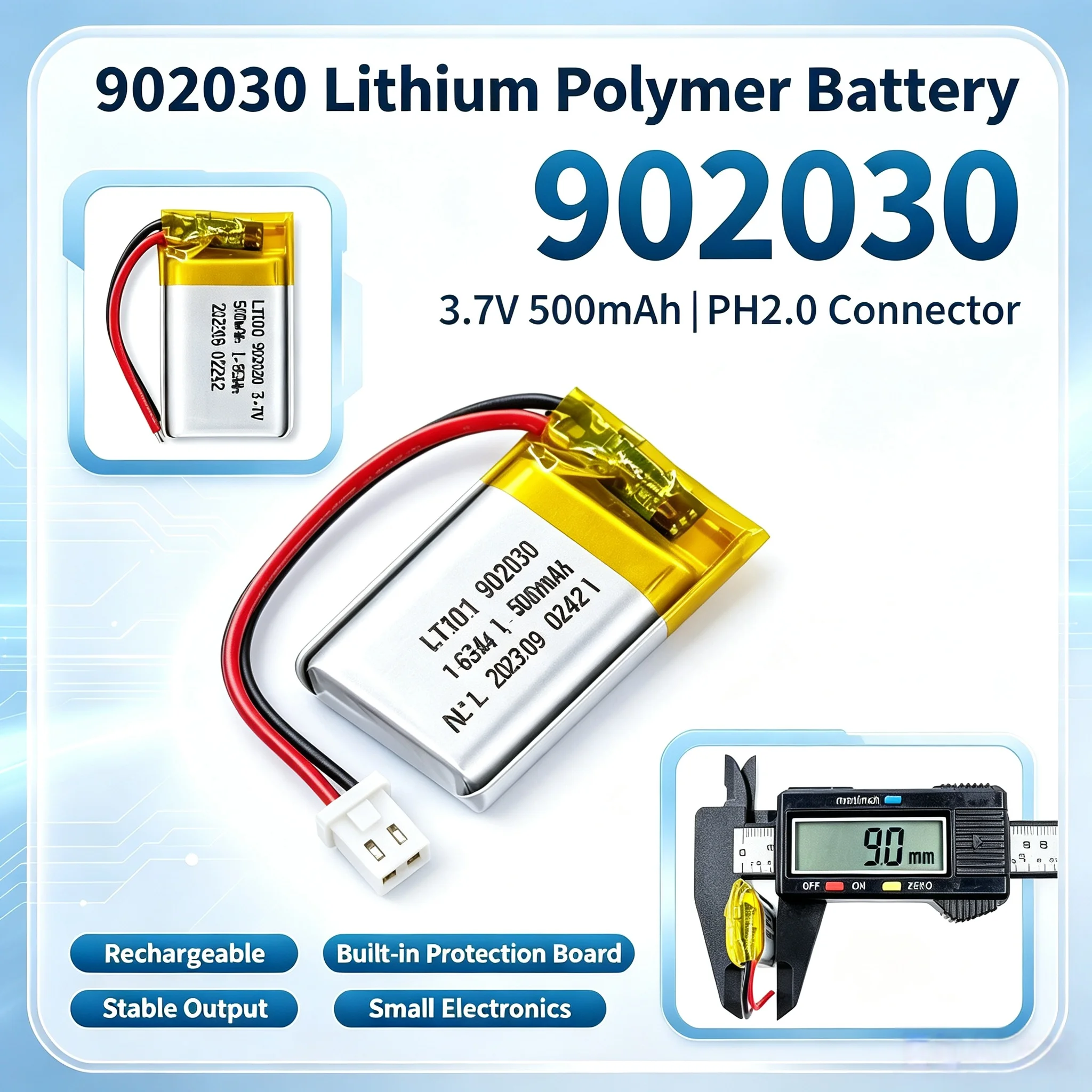 902030 3.7V 500mAh Rechargeable Polymer Li-ion Battery, PH2.0 Plug & Play for Solar Light, GPS Tracker, Anti-Theft Device, DVD