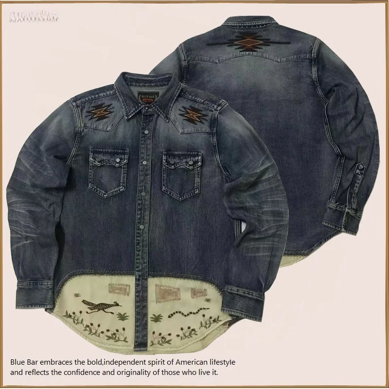 

Винтажная джинсовая рубашка в стиле американского вестерна с вышивкой перепелов и гремучих змей, с длинным рукавом, из хлопка, для молодежи, мужчин и женщин