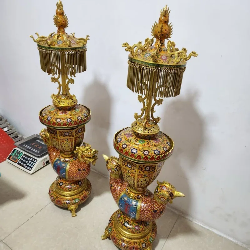 Copper tire handmade filigree enamel cloisonne, Qianlong dragon and phoenix palace lamp stove copper incense burner ornament