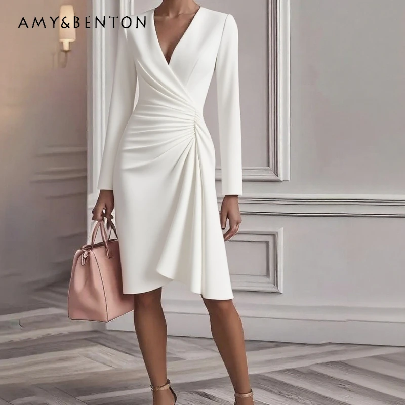 

European American Women's Clothing 2026 Spring Autumn New Fashion Cross V-neck Slimming Solid Color Long Sleeve Dresses Ladies