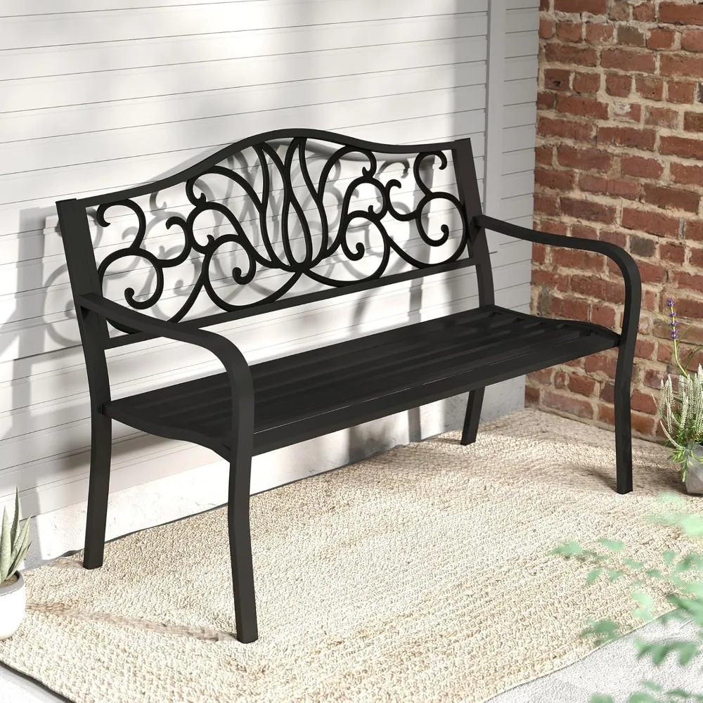 

50 Inches Outdoor Garden Park Bench, Cast Iron Metal Front Porch Loveseat with Floral Design Backrest and Slatted Seat,