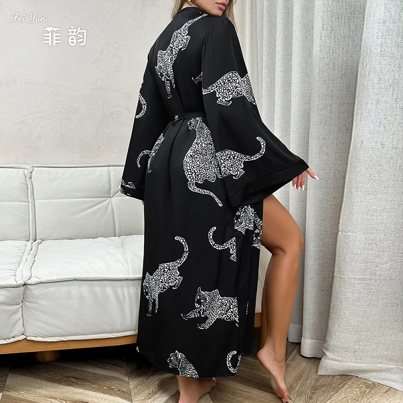 Krismile Leopard Print Robes for Women 2025 Luxury Satin Long Sleeve Sleepwear Thin Soft High Quality Sexy Bathrobe with Belt