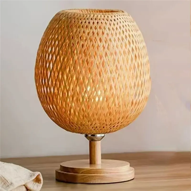 A20F-Vintage Rattan Handmade Desk Light Bamboo Table Lamp E27 Bulb For Bedroom, Living Room Bedside Decor US Plug