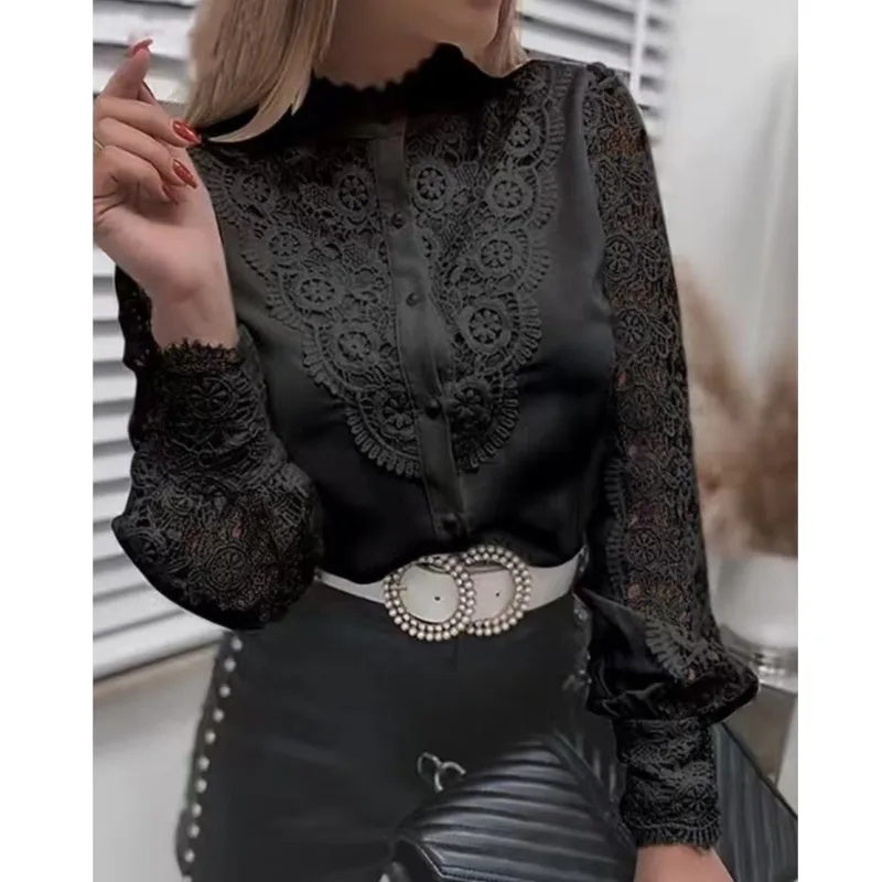 Vrouwen Wit Zwart Elegant Kant Uitgehold Blouse 2023 Lente Nieuwe Lange Mouwen Y2K Knoppen Mesh Top Vintage Dameskleding