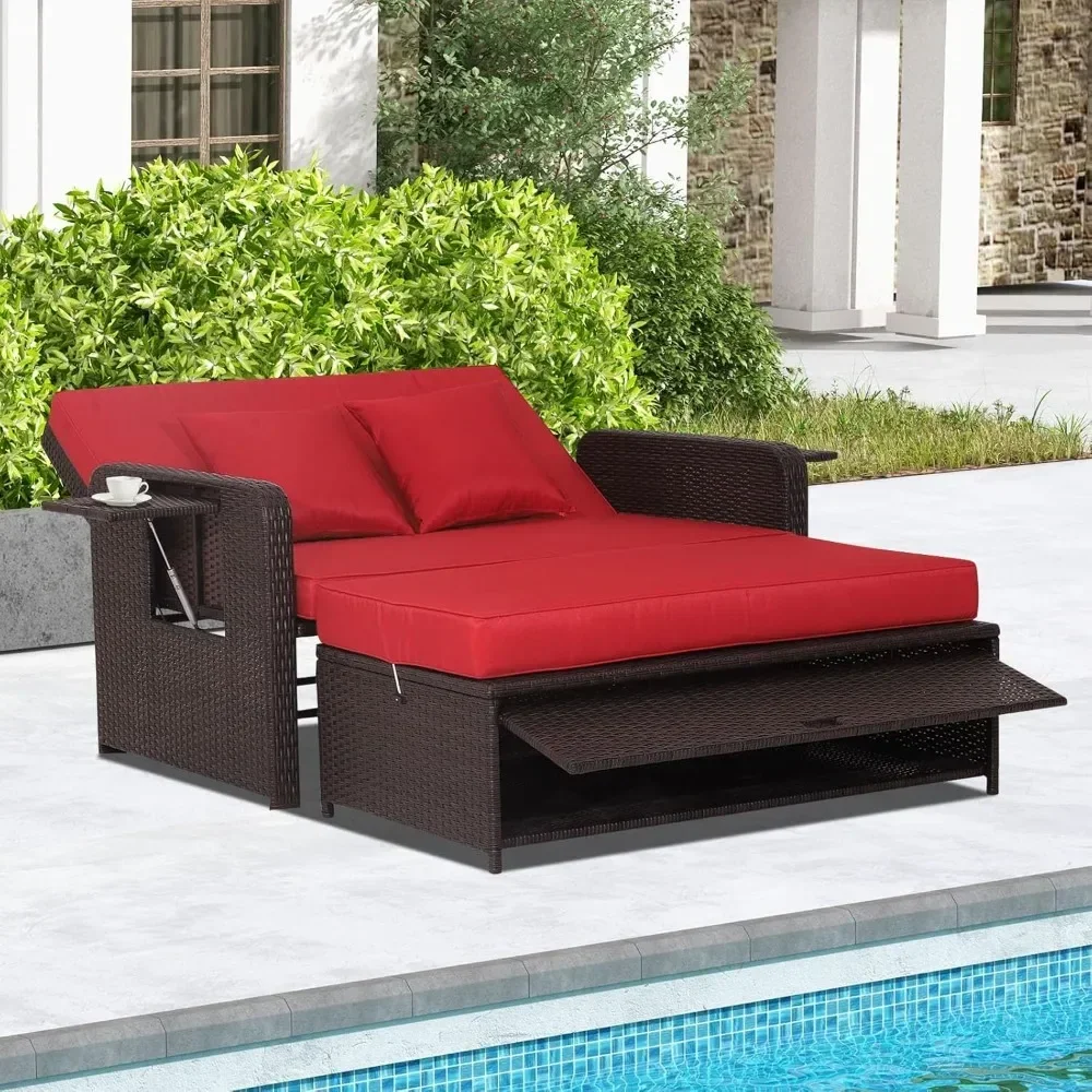 

Wicker Patio Outdoor Daybed-Rattan Day Bed Lounger with Loveseat & Storage Ottoman,Sunbed Sofa Set W/Cushions,4-Level Adjustable