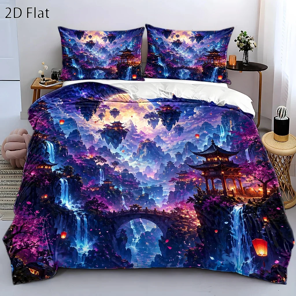 3Pc Dreamy Oriental Wonderland Quilt Cover Set, Three-Piece Bedding Set (1*Quilt Cover + 2*Pillowcases), Suitable for All Seasons, Machine Washable, with Invisible Zipper, Large Duvet Cover Set for Double Bed, Suitable for Home, Dormitory, Master Bedroom, Guest Room, Chinese Style Floating Mountain under the Moon, Lanterns, Waterfall, Cherry Blossom Bridge, Beautiful Three-Piece Bedding Set
