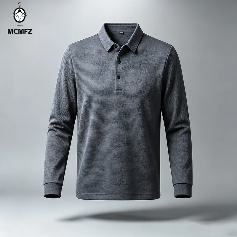Male Turn Down Collar Long Sleeve Polo Tops Waffle Weave Fabric Button Design Casual And Business Daily Shirts