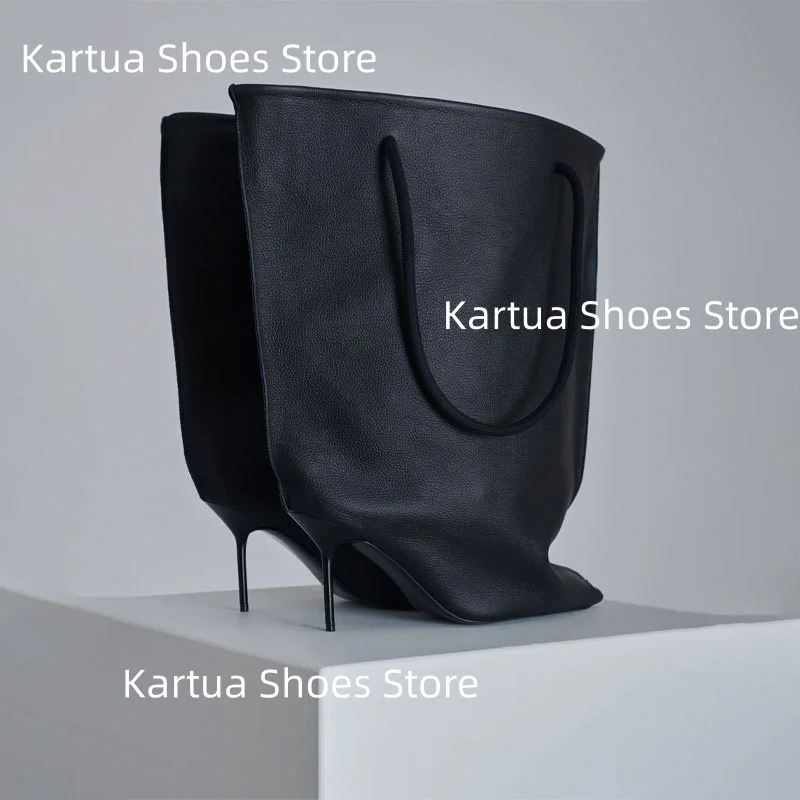 

Женские черные кожаные сапоги до колена с напуском, дизайн на шпильке, элегантное платье с напуском силуэтом, женские повседневные рабочие женские боты