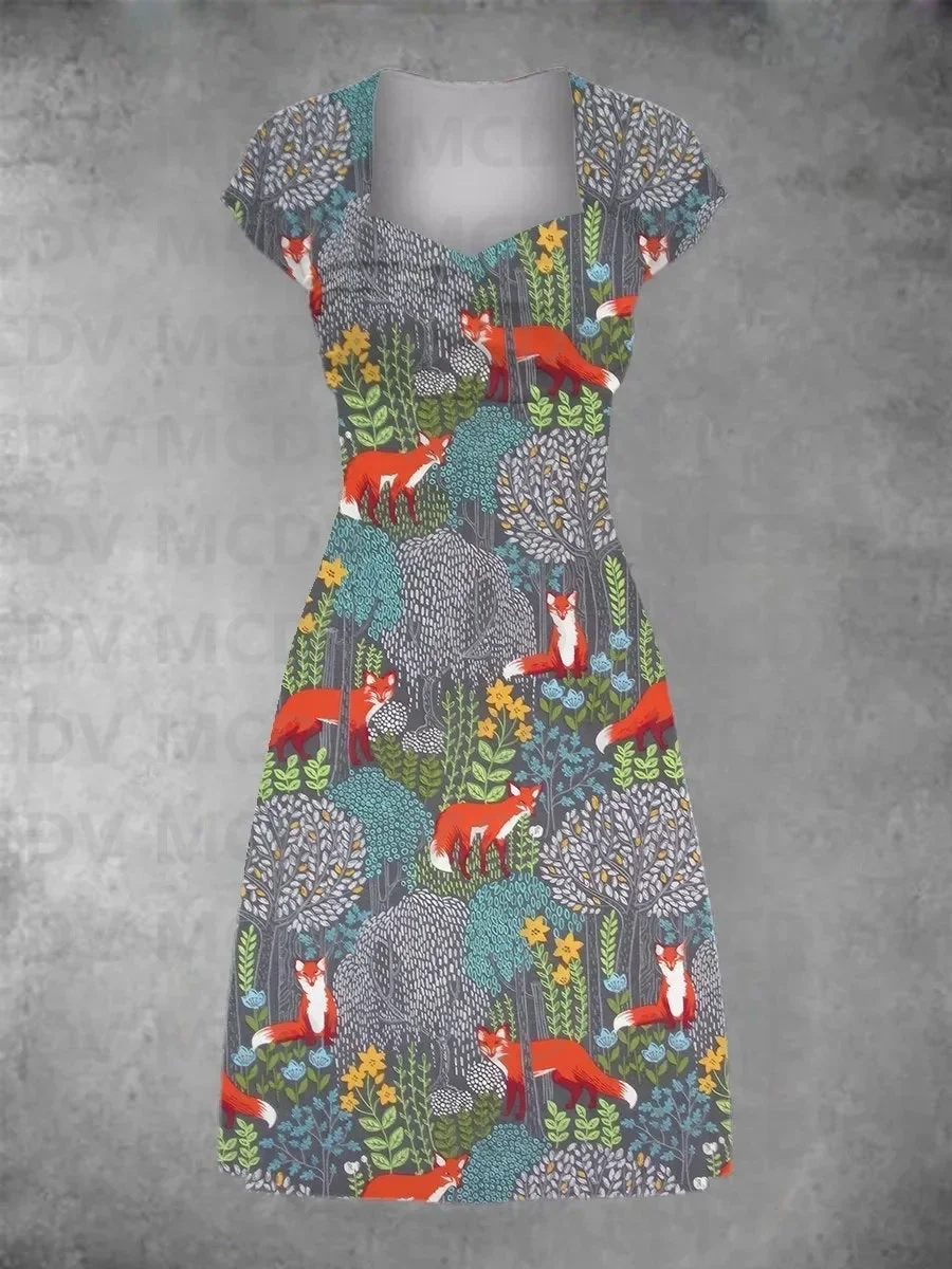 

Women's apper Foxes Print Patchwork Casual Midi Dress Knee Length Slim A-line Skirt Dress Female Dresses