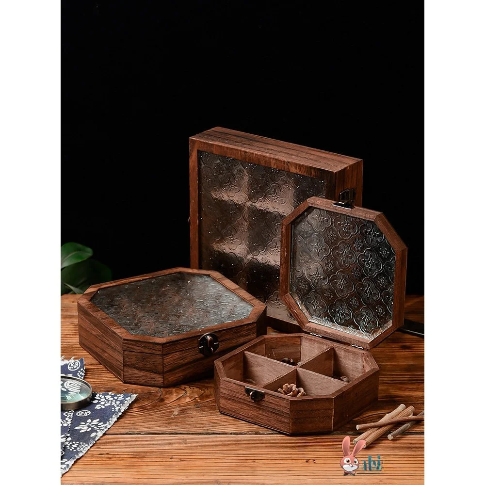 

Винтажная шкатулка для украшений с девятью отделениями, настольный органайзер из стекла и дерева с цветочным узором, декоративная деревянная коробка на петлях для рабочего стола