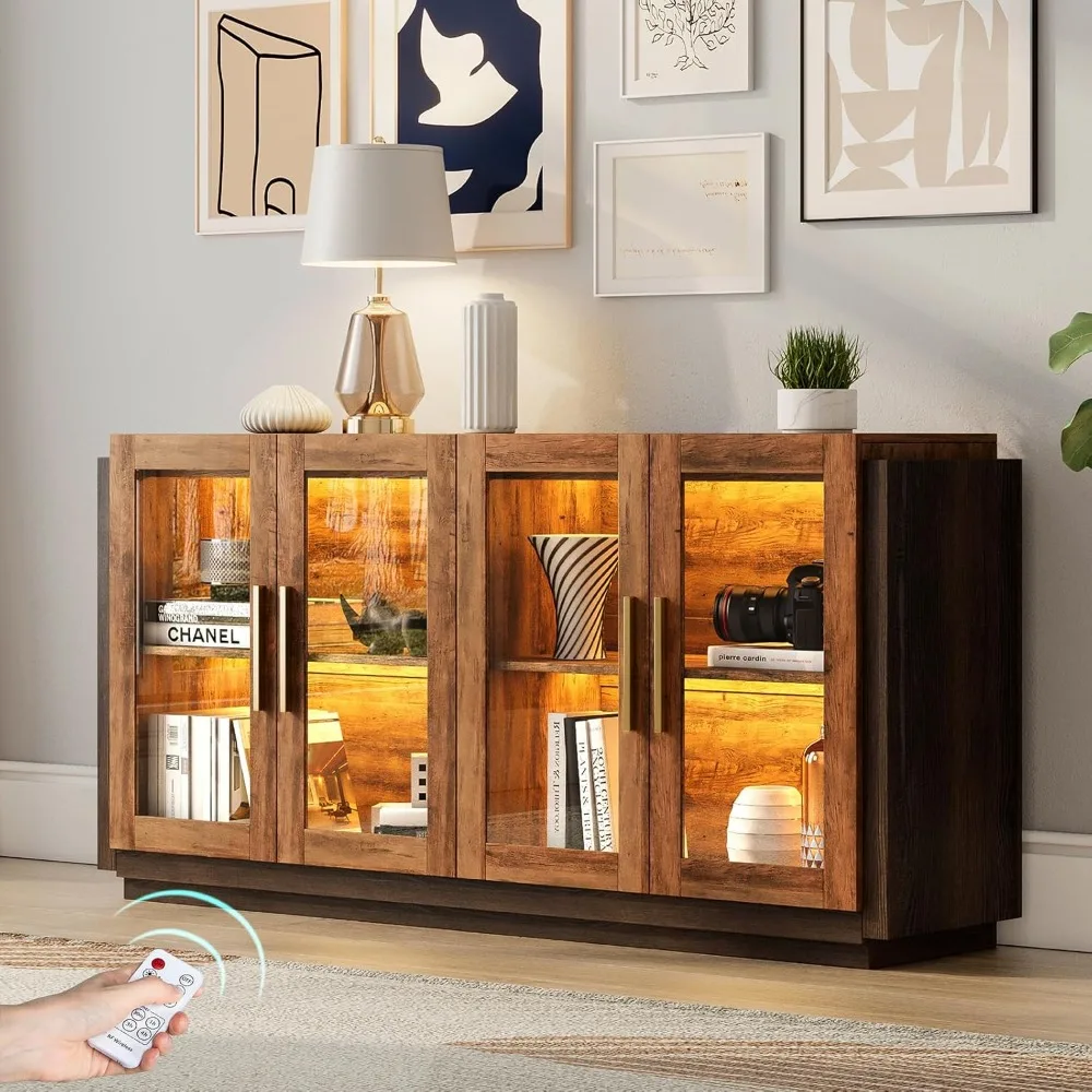 Sideboard Buffet Cabinet, Mixed Color Accent Cabinet with LED Lights, Modern Glass Doors Storage Cabinet with Adjustabl