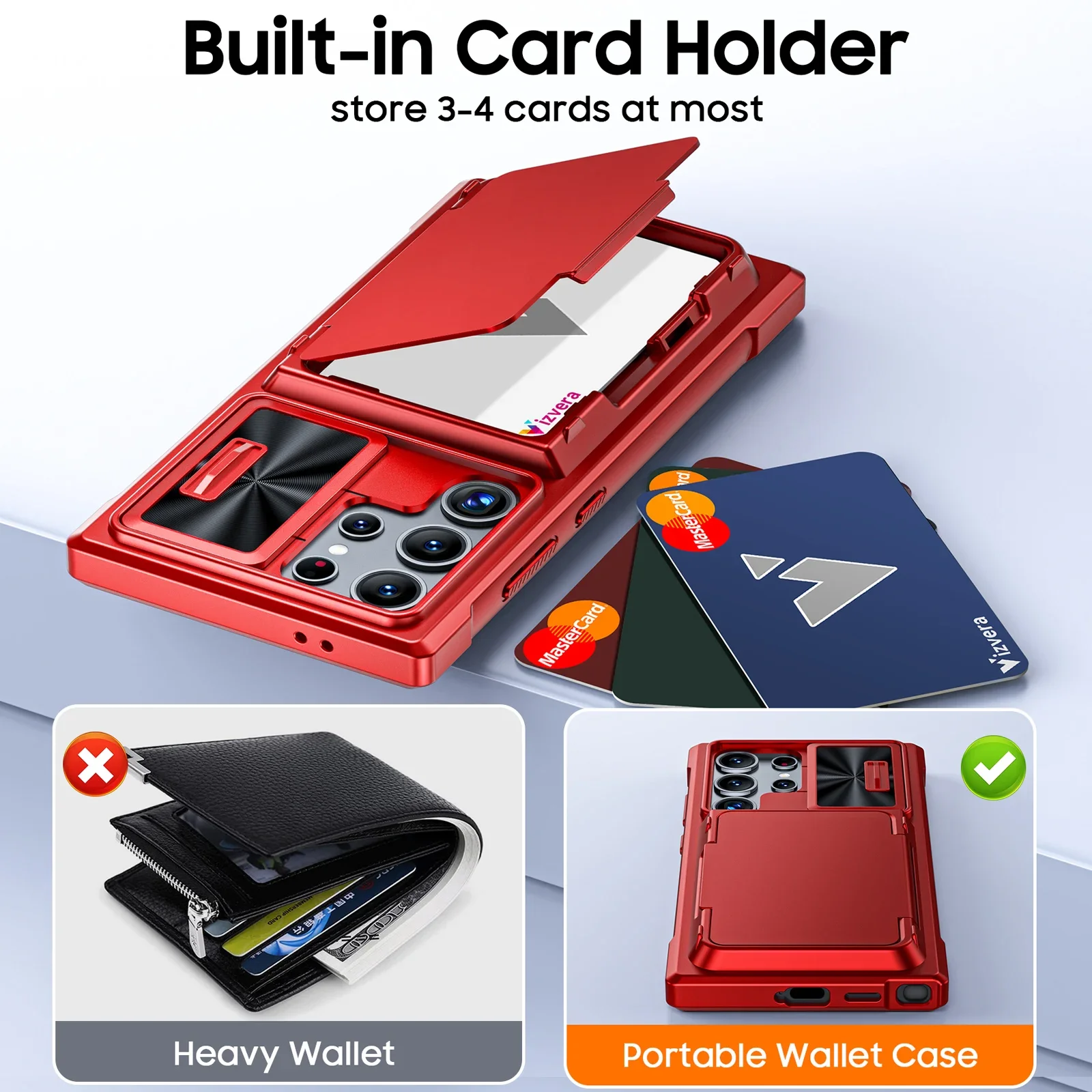 voor Samsung Galaxy S24 Ultra telefoonhoesje Glijdende camerahouder Kaarthouder Volledige dekking TPU schokbestendig telefoonhoesje-rood