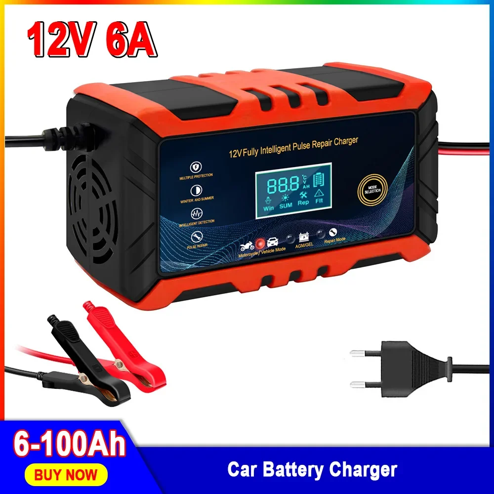 Car Battery Charger 12V 6A  Touch Screen Pulse Repair Digital LCD Display Smart Fast Charger for Car Motorcycle