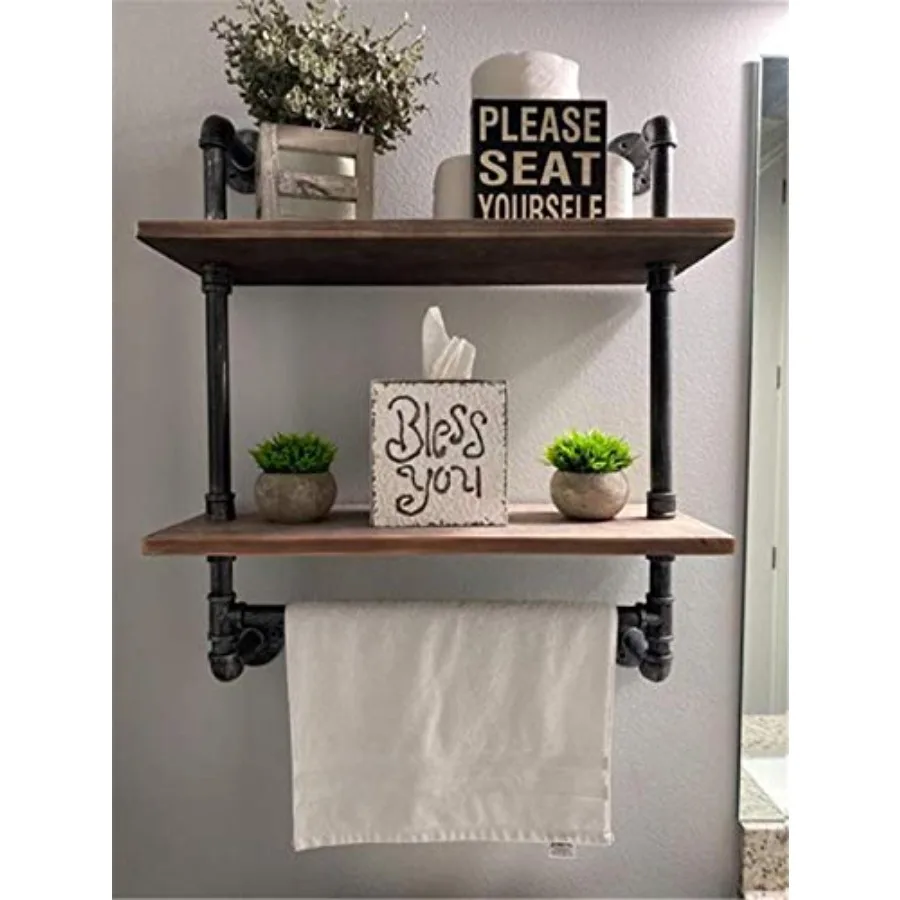 

Industrial Pipe Shelf, 2 Tiered Metal Towel Racks for Bathroom, 20" Industrial Pipe Floating Shelves Shelving, Rustic Wood Wall