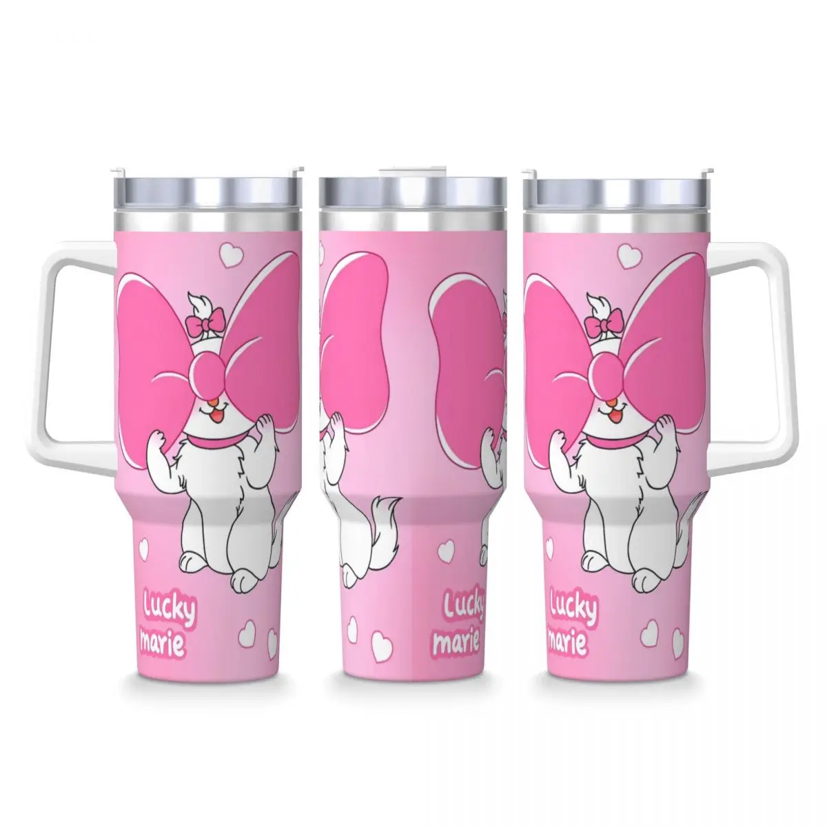 Cartoon Pink Marie Cat Stainless Steel Tumbler Kawaii Beach Thermal Mug With Straws and Lid 40oz Car Mugs Drink Water Bottle