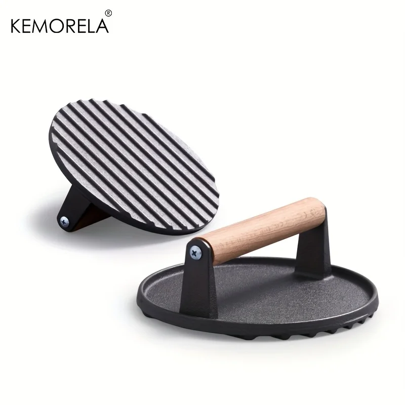 Heavy Duty Cast Iron Burger Press for Blackstone Griddle -17.53 cm Round Grill Press with Wooden Handle For Steak Bacon Press