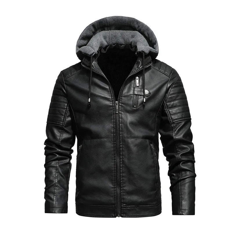 

Thickened Warm Pu Leather Bomber Jacket Men Hood Luxury Designer Hooded Autumn Winter Oversized Leather Jackets Cool Black Coat