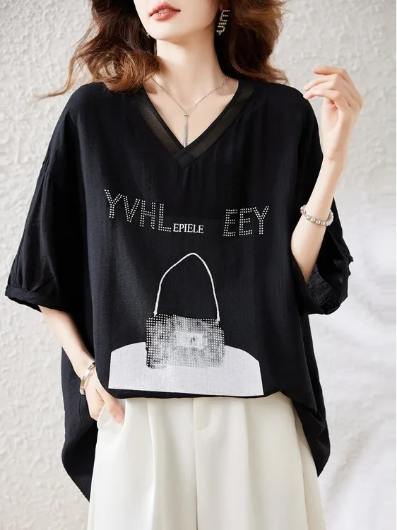 Lose V-Ne Gedruckt Strass ort Sve T-shirt frauen Sommer Neue Sle Europäischen plus Größe frauen Top irt