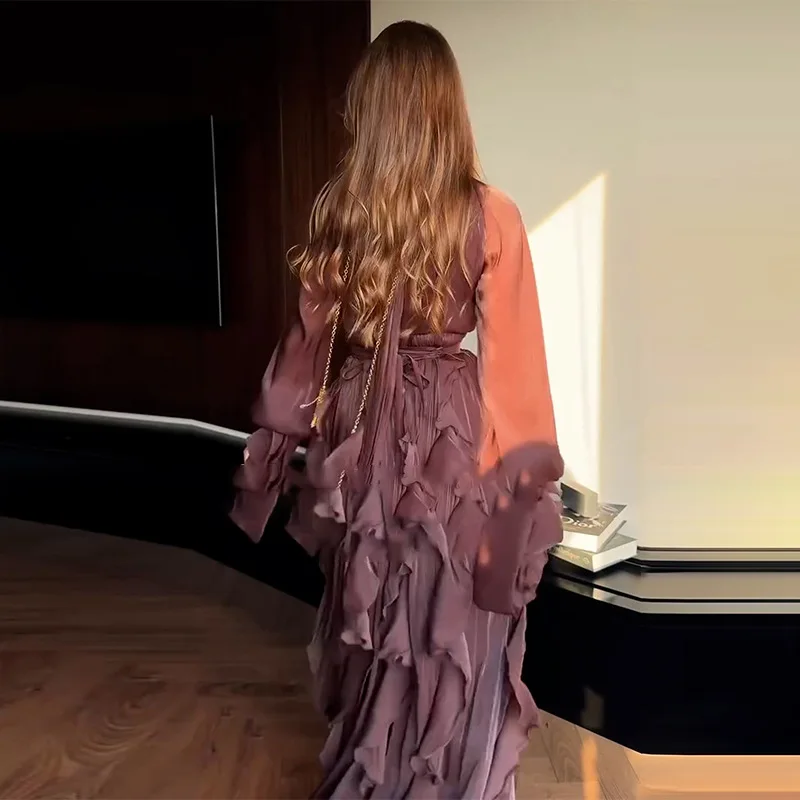 ハイウエストプリーツパーティードレス レディース カジュアル ハイネック レイヤード 宴会ドレス エレガント 長袖 無地 イブニングドレス