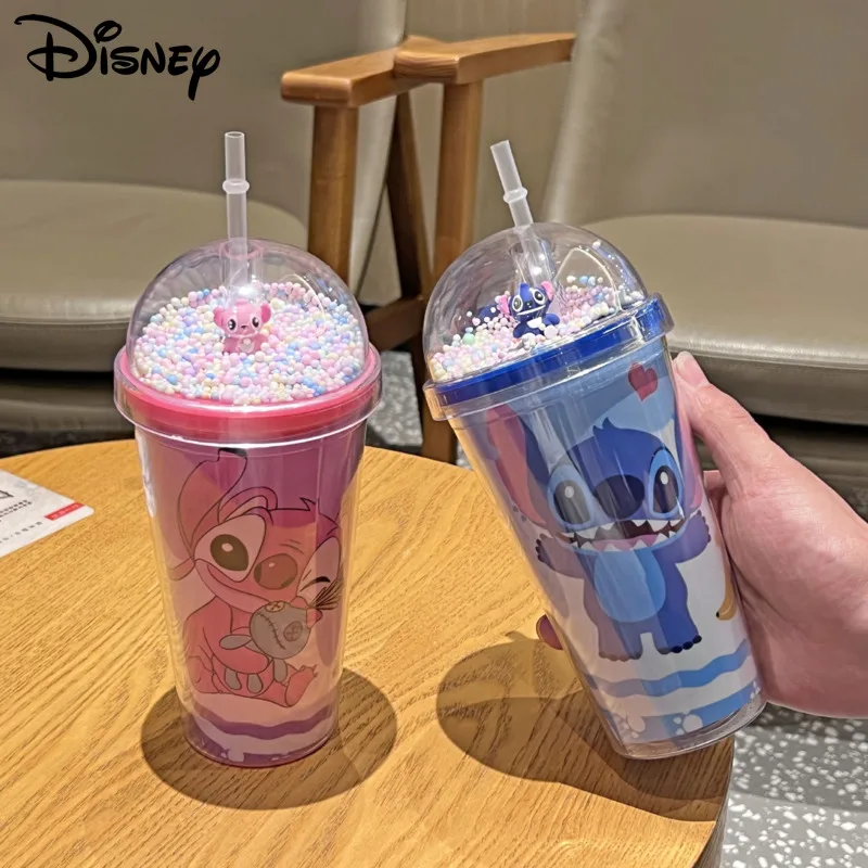 Disney Cartoon Stitch Cute Double Layer Portable Straw Cup Couple Design Water Drinks Coffee Mug Y2k Girl Creative Design Cups