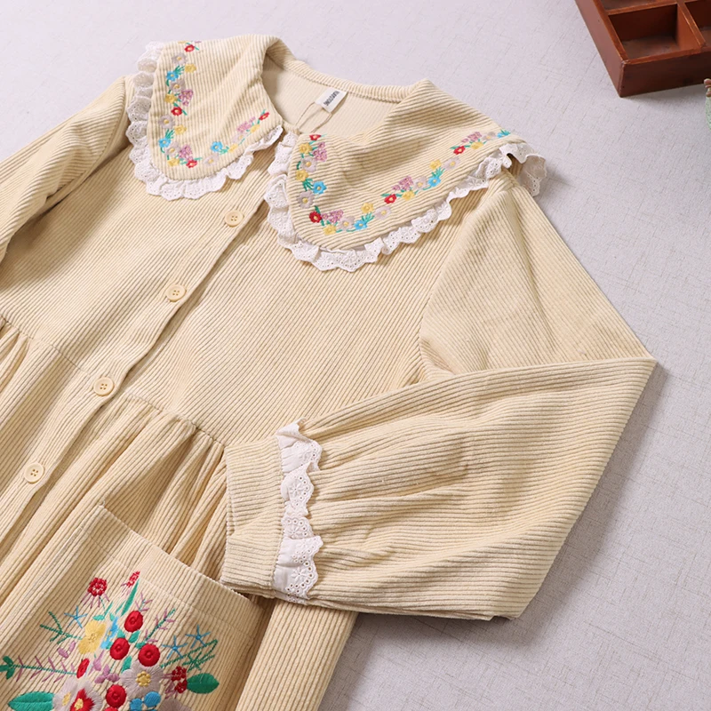 Autumn Winter Japanese Vintage Mori Girl Floral Embroidery Corduroy Dress Women Peter Pan Collar Long Sleeve Casual Loose Dress