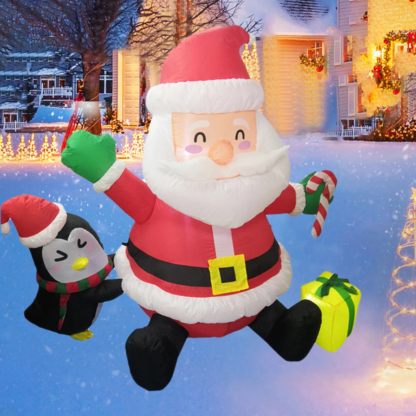 FT Christmas Inflatables Santa Claus & Little Penguin LED Blow Up Xmas Blow up Santa Inflatable Props With Fixed Stakes Tethers