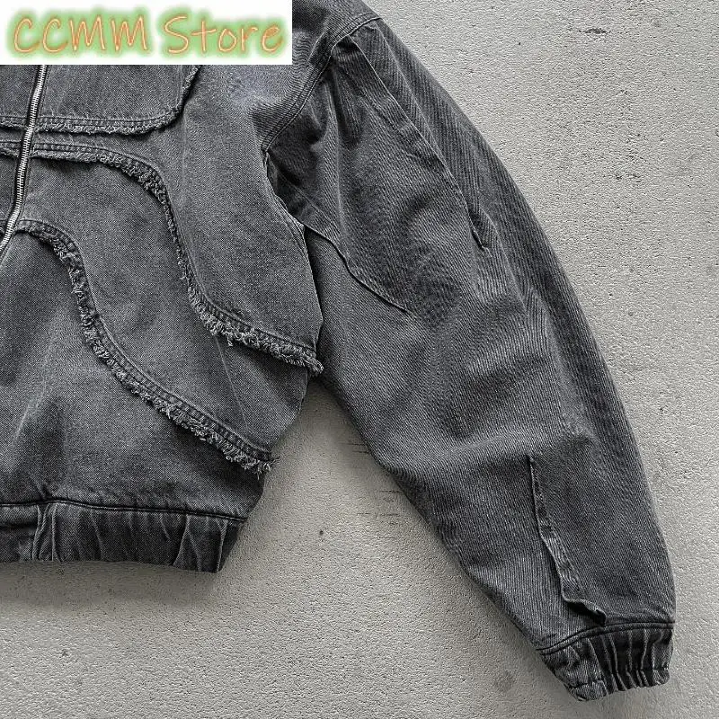 New Denim Jacket American Splicing Style Gothic Vintage Trend Unisex Streetwear Punk High Street Oversized Leisure Zip Up Hoodie