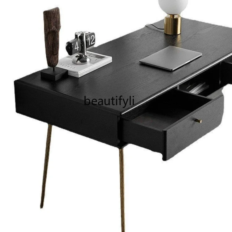 Nordic Solid Wood Desk Mid-Ancient Industrial Style Oak Drawer Storage Study Computer Desk