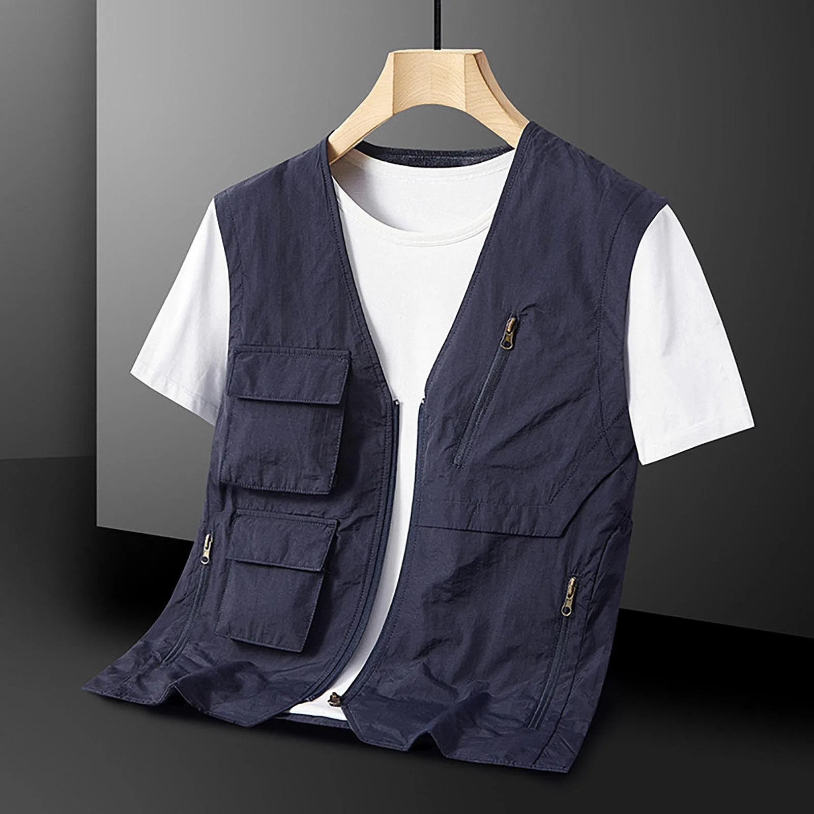 Trendy Summer Thin Hip Hop Cargo Vest Solid Color Vest Coat Sleeveless Thin Outdoor Multi Pockets Cargo Waistcoat for Fishing