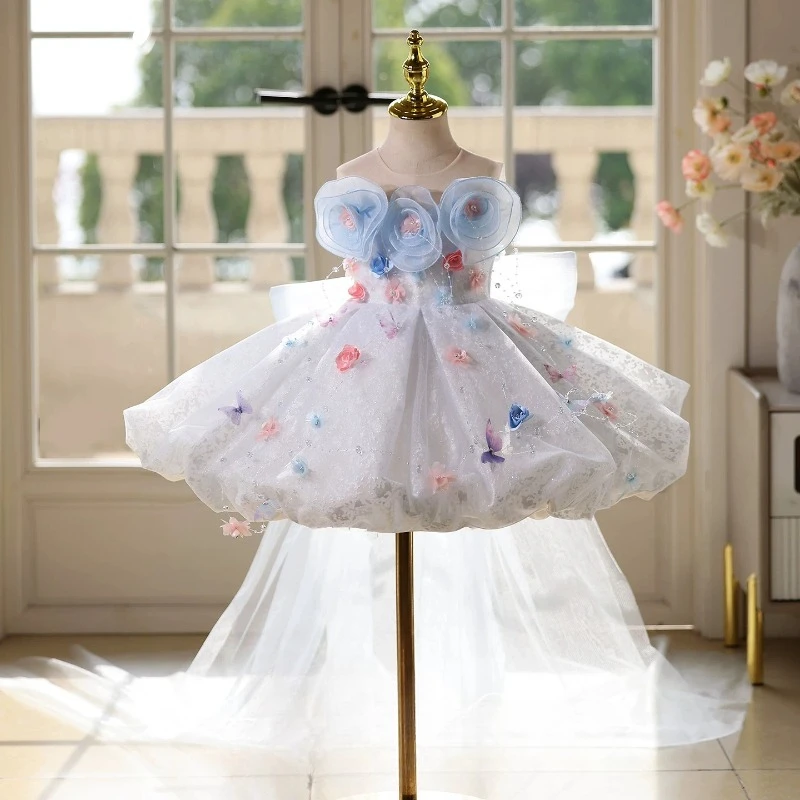 Children Girls Formal Blue Floral Birthday Party Dress Kids Banquet Princess Gown Kids Host Piano Performance Pageant Costume