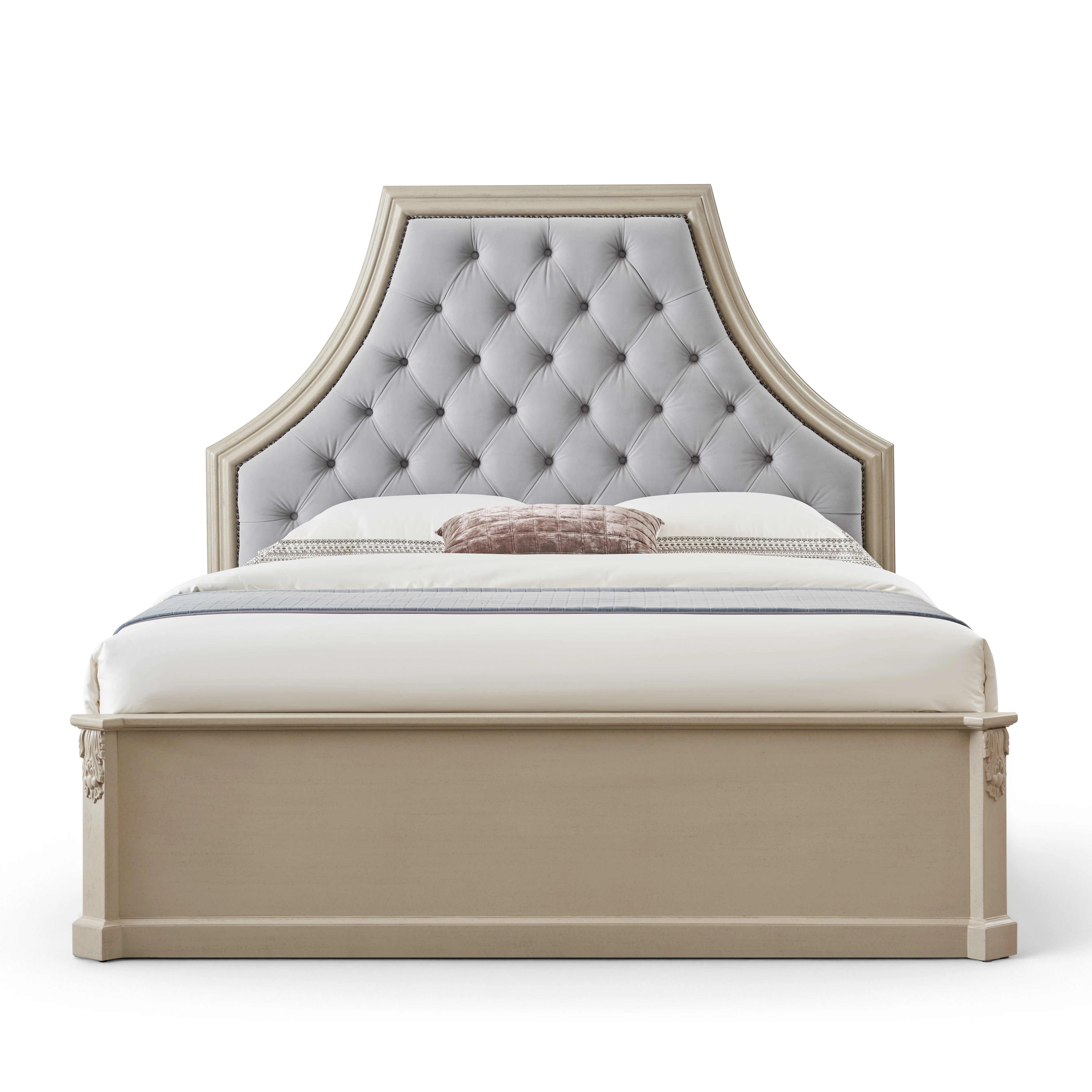 

!@Luxury American Style Hand Carved Tufted Upholstered Bed Solid Ash Wood Frame Soft Headboard King Size Bedroom Furniture