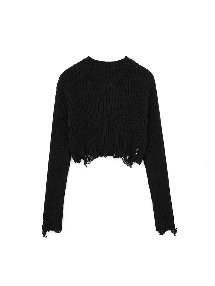 TRAF 2023 Autumn Y2K Women Short Sweaters Long Sleeve Frayed Knitted Jumper Pullovers Female Crop Top Pull Streetwear