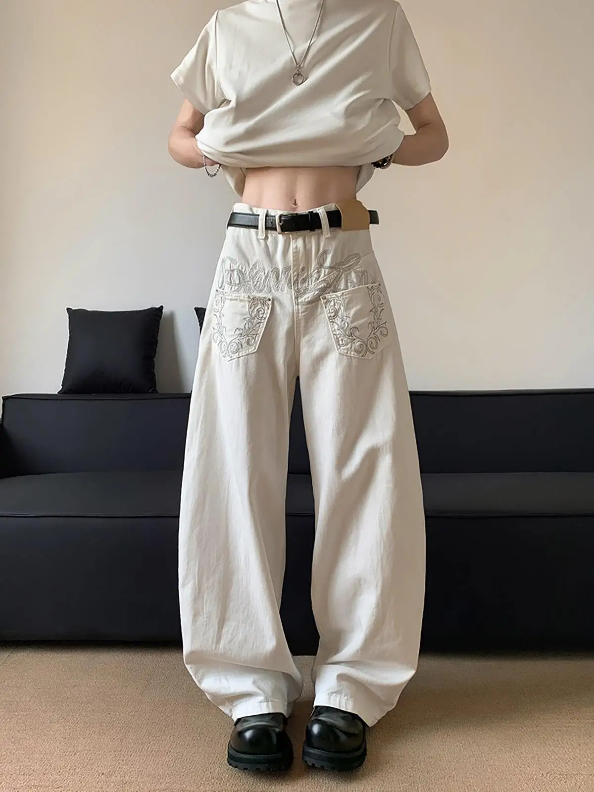 

Джинсы унисекс свободного кроя с вышивкой в стиле ретро, прямые, широкие, в пол, с эффектом перевернутого ношения, скинни-брюки