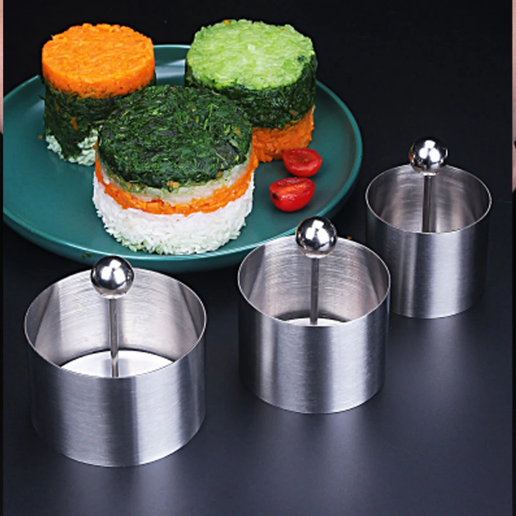 Moule rond en boule de riz en acier inoxydable, avec poussoir, anneau de Mousse pour gâteau, outils, démoulage facile, fabrication de Sushi, presse alimentaire, 3 pièces