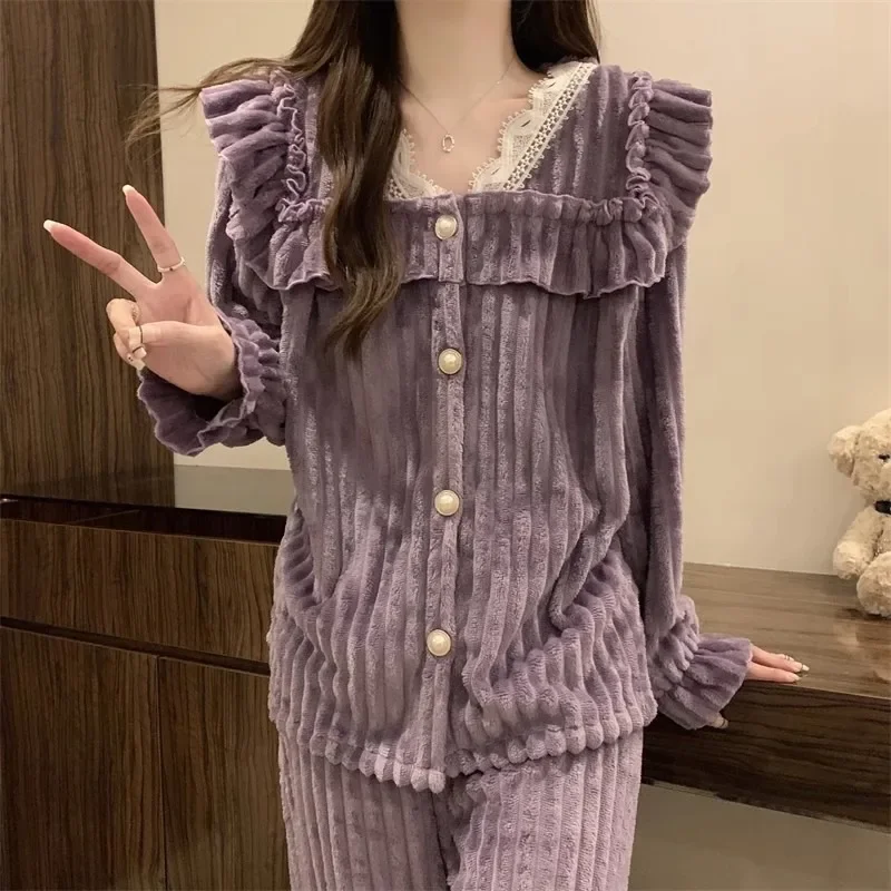 2024 New Autumn Pajamas Set Women\'s Coral Flannel Winter Two-piece Set Comfort Thickened Flannel Coral Velvet Homewear Suit