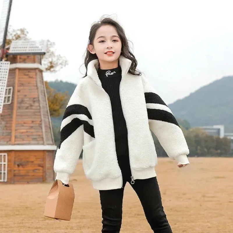 Autumn Winter Kids Fleece-lined Thickened Wool Jacket Boys Girls Casual Long Sleeve Zipper Sweatshirt Warm Comfortable