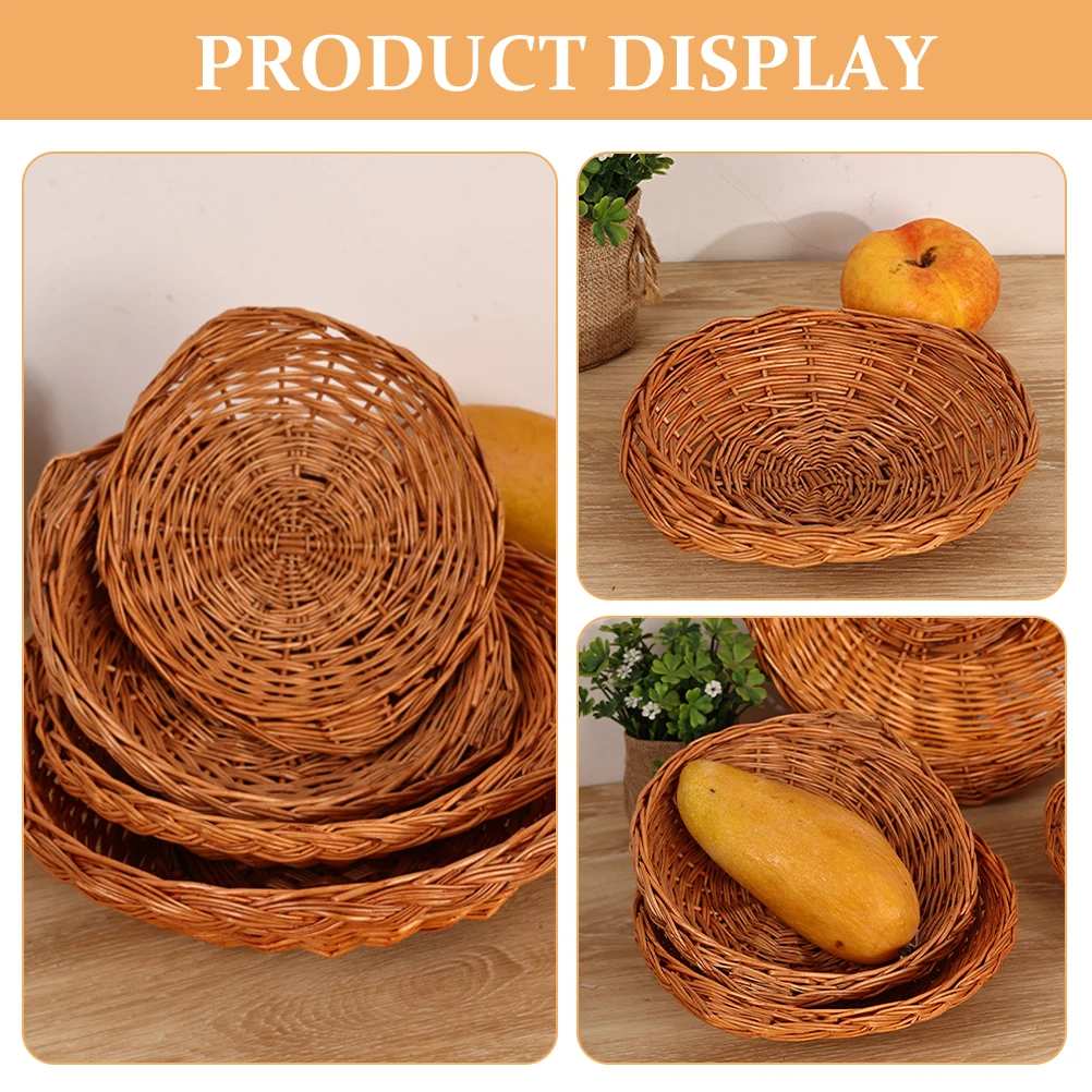 

2pcs Rattan Storage Baskets 18cm 22cm Bread Tray Desk Organizer Kitchen Basket Food Container Snack Holder Lightweight