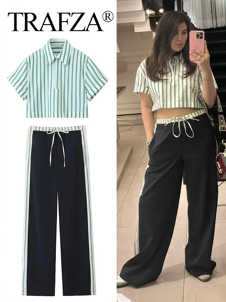 TRAFZA 2024 Summer Woman Stripes Set Lapel Short Sleeves Buttons Shirt Top + Lace Up Elastic Waist Women\'s Wide Leg Long Pant