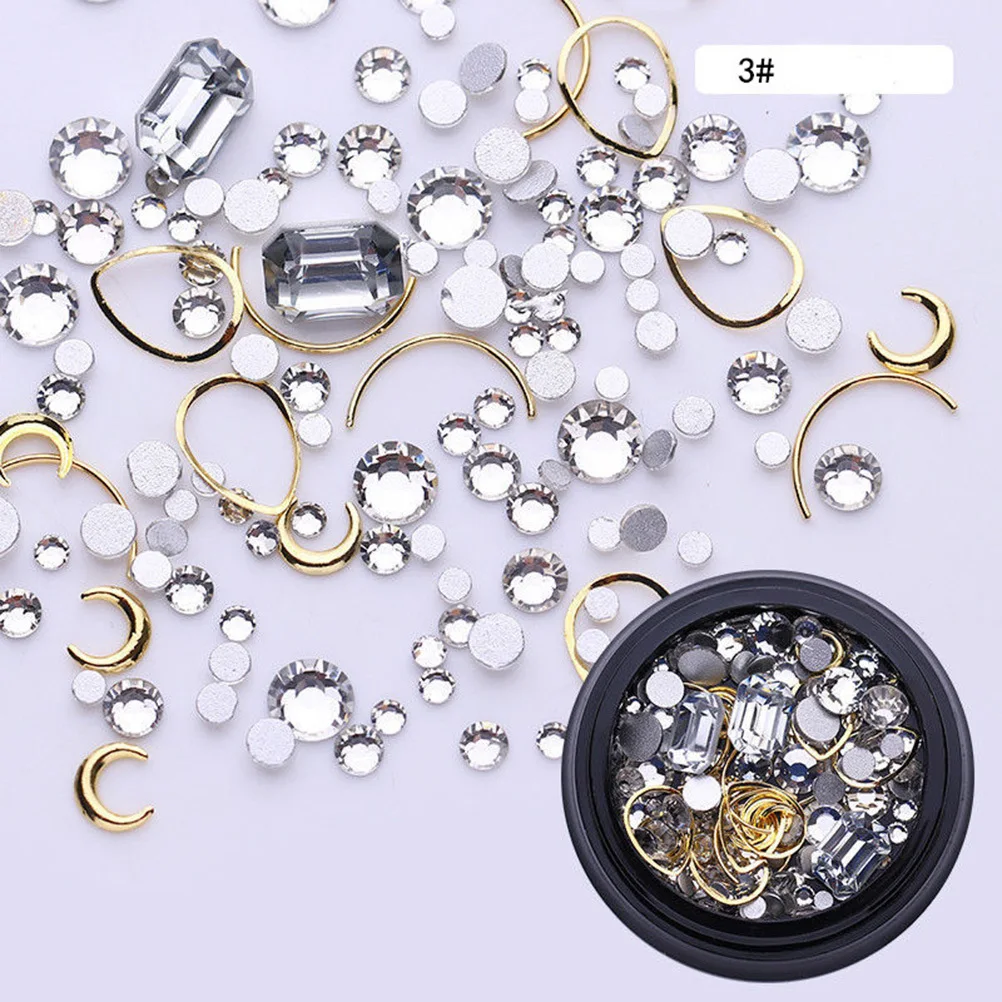 

4 Boxes Gold Nail Studs Hollow Moon Heart Shaped Metal Rivets Rhinestones DIY 3D Nail Art Decoration Sparkle Gems